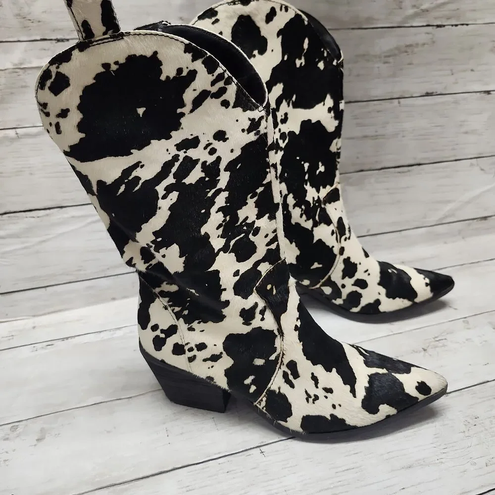 DINGO Live a Little Cow Print Calf Hair Western Boots Women's Size 8 Black/White